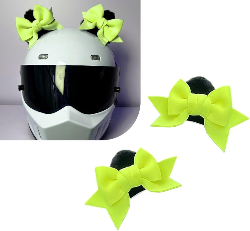 SLIMI 2 PCS Bow Helmet Decoration, Cute Plush Cat Ears Bow Helmet Decor, Self-Adhesive Motorcycle Helmet Accessories for Women (Green) - Image 1